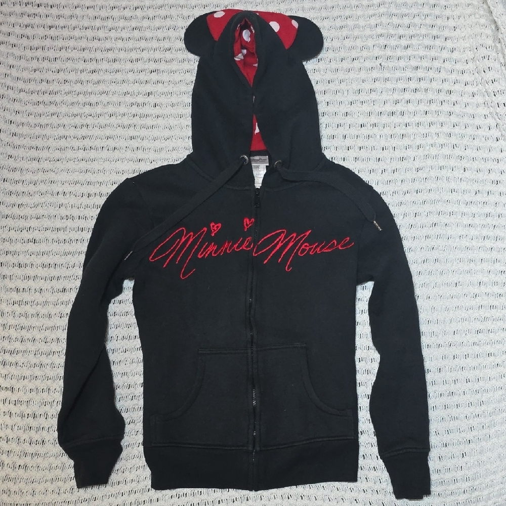 Disney Black Hoodie with Red Minnie Mouse Script and Ear-Detail Hood